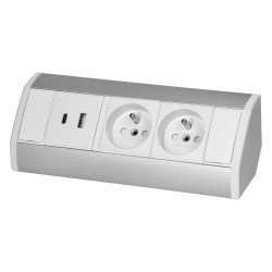 Nábytková zásuvka 2x2P+E, 2xUSB (typ A+C, 2,4A), bílo-stříbrná